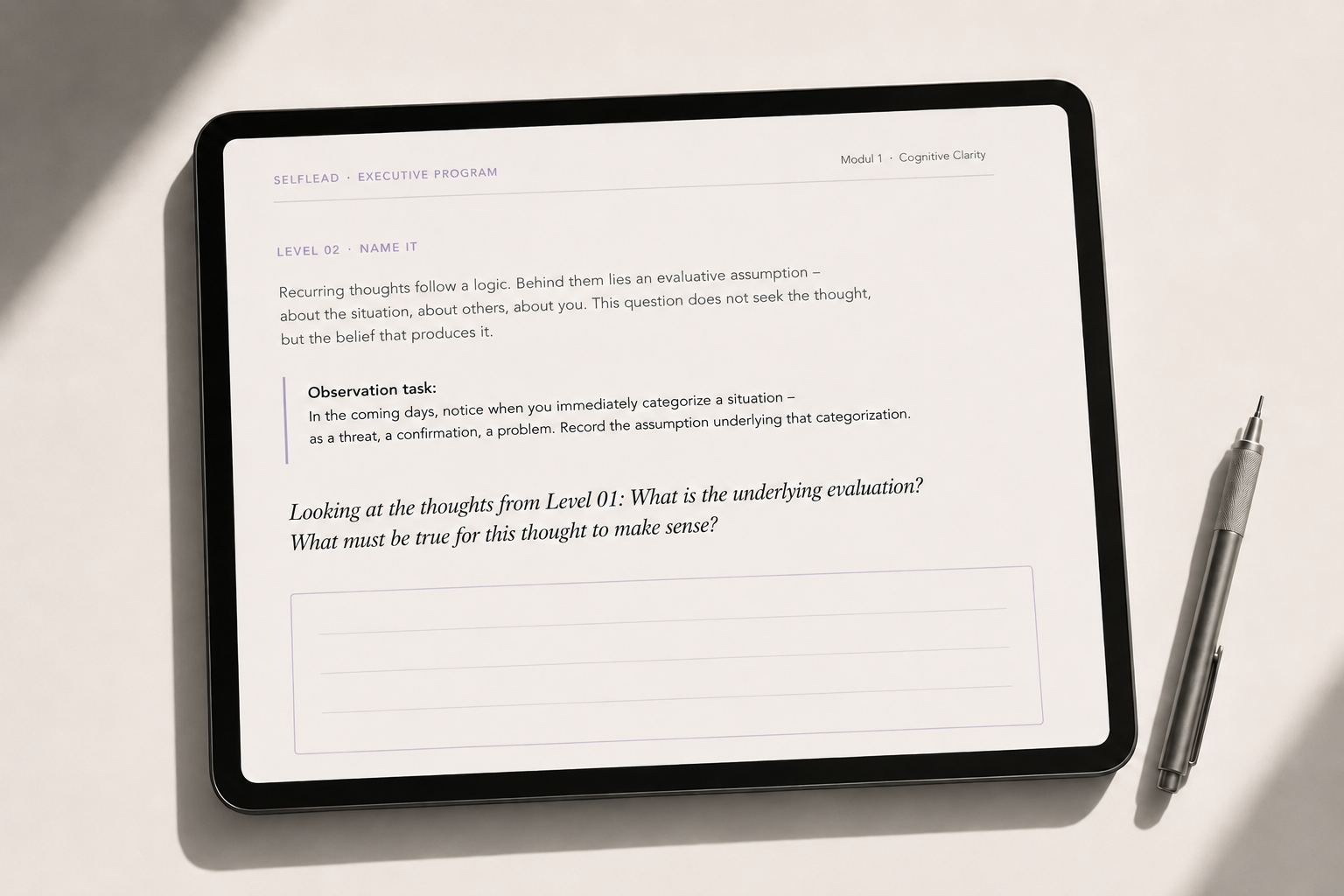 A 'thing to notice' from SELFLEAD on an iPad: the Cognitive Clarity module.