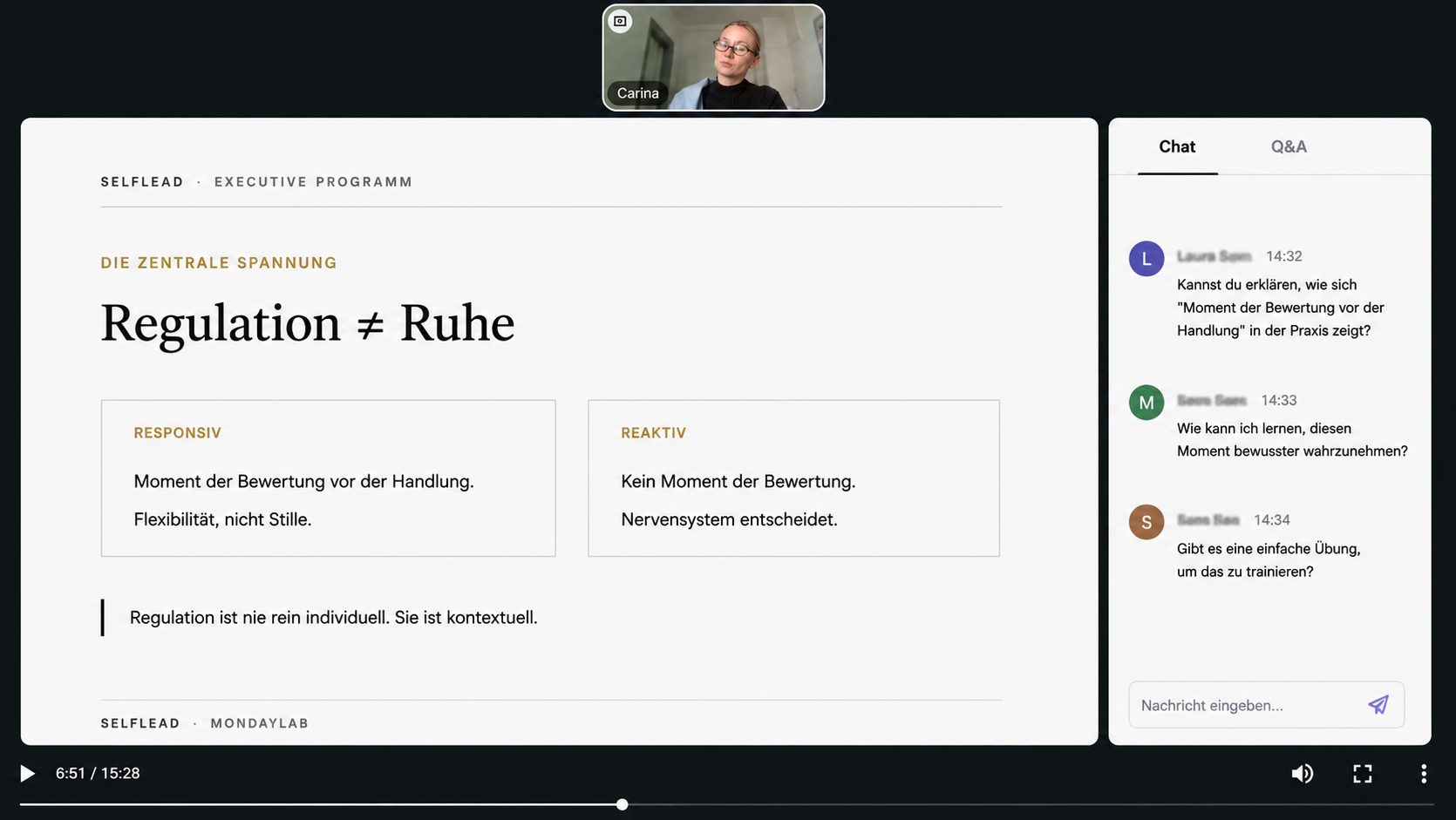 Live-Webinar in SELFLEAD: Vortrag und Live-Chat der Kohorte.