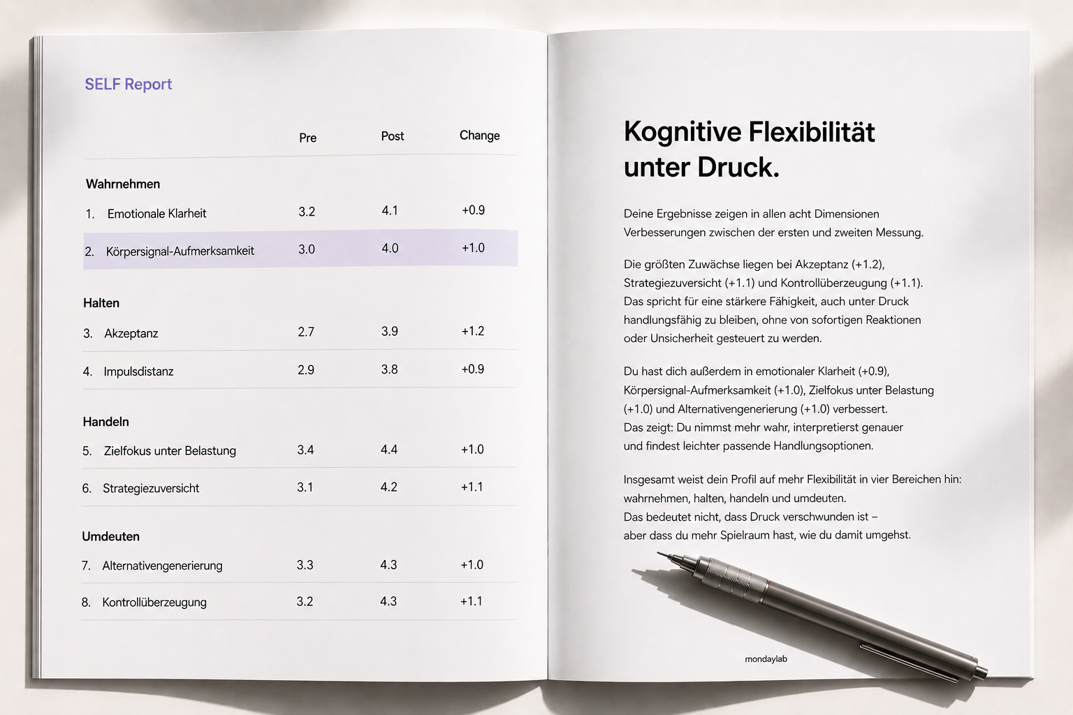Beispielhafte Darstellung eines aufgeschlagenen SELF Reports.